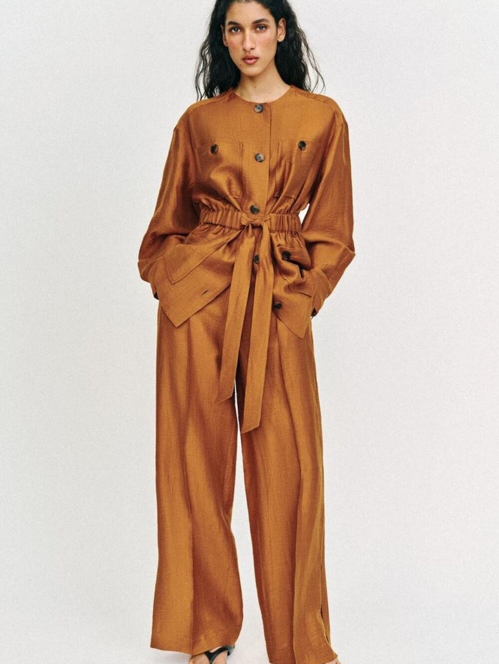 ZARA Set Belted Linen Safari Jacket + Flowy Pants With Slits Curry Bnwt